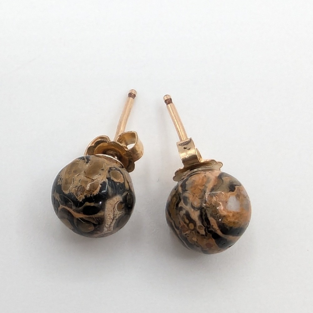 14K Gold Filled Leopard Skin Jasper‎ 8mm Round Bead Stud Earrings Brown Black